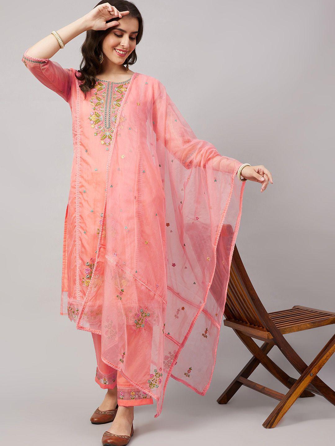 here&now peach-coloured floral embroidered regular straight kurta & trousers with dupatta