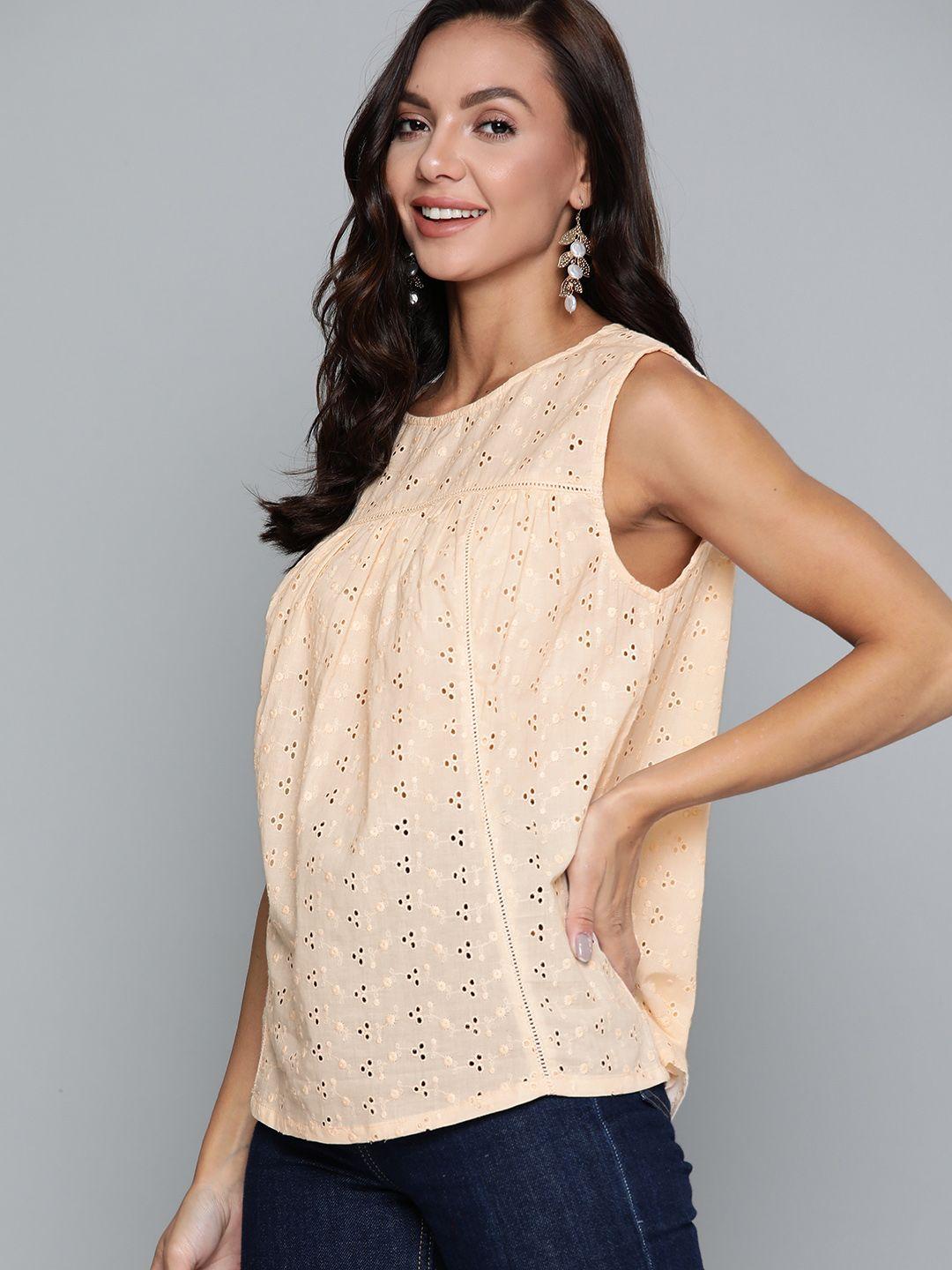 here&now peach-coloured floral schiffli embroidered lace semi sheer cotton sustainable top