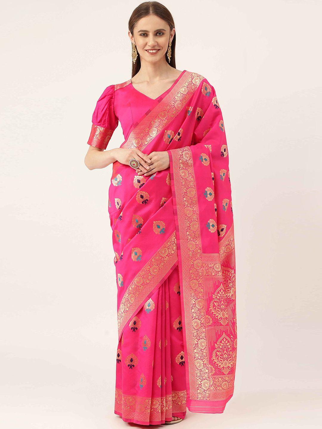 here&now pink & blue ethnic woven design zari kanjeevaram saree
