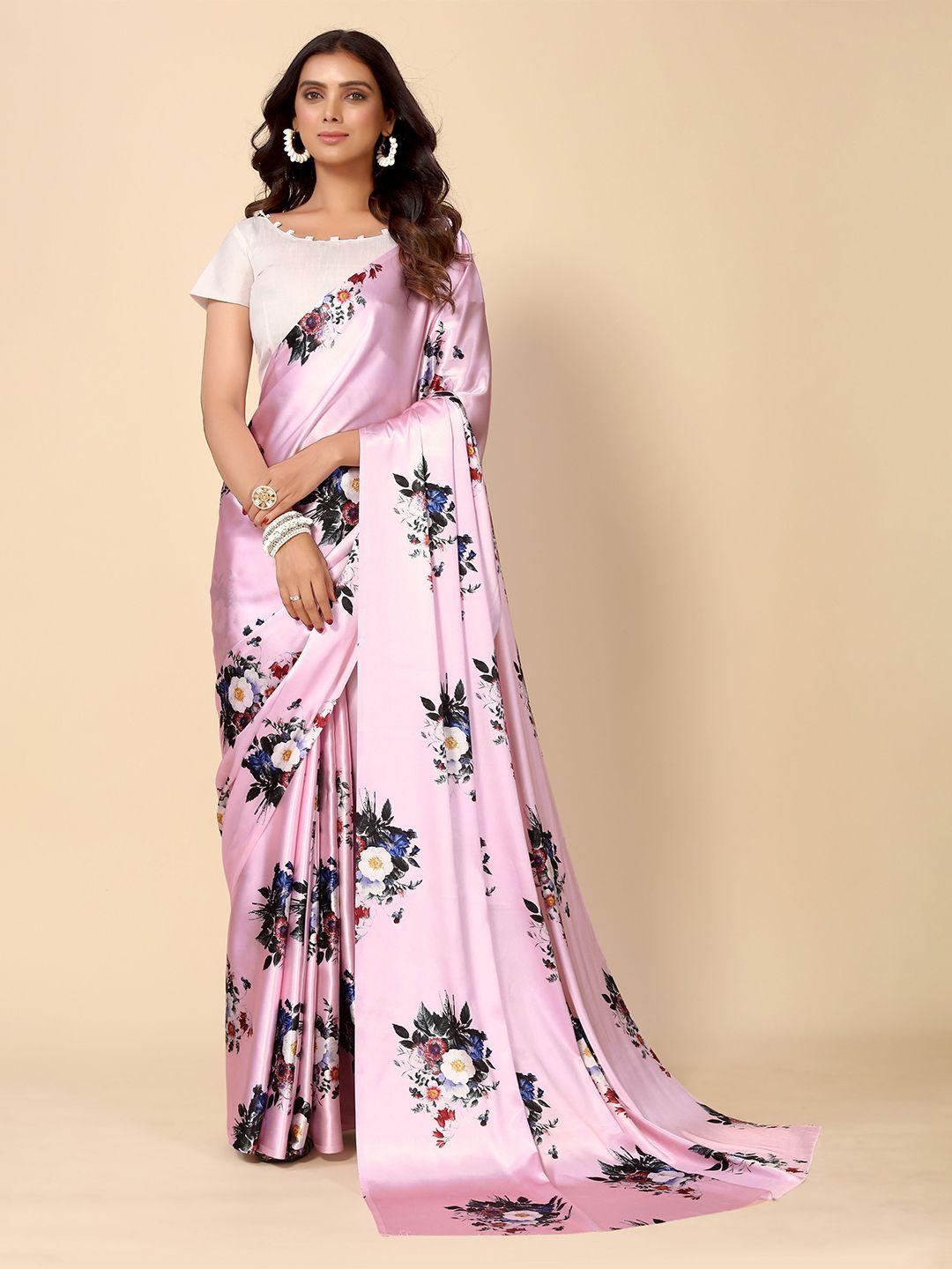 here&now pink & blue floral printed satin saree