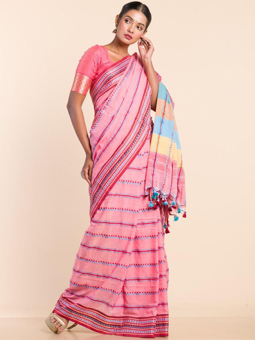 here&now pink & blue striped pure cotton khadi saree