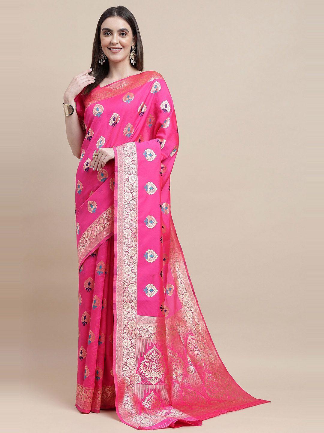 here&now pink & blue woven design zari silk blend kanjeevaram saree