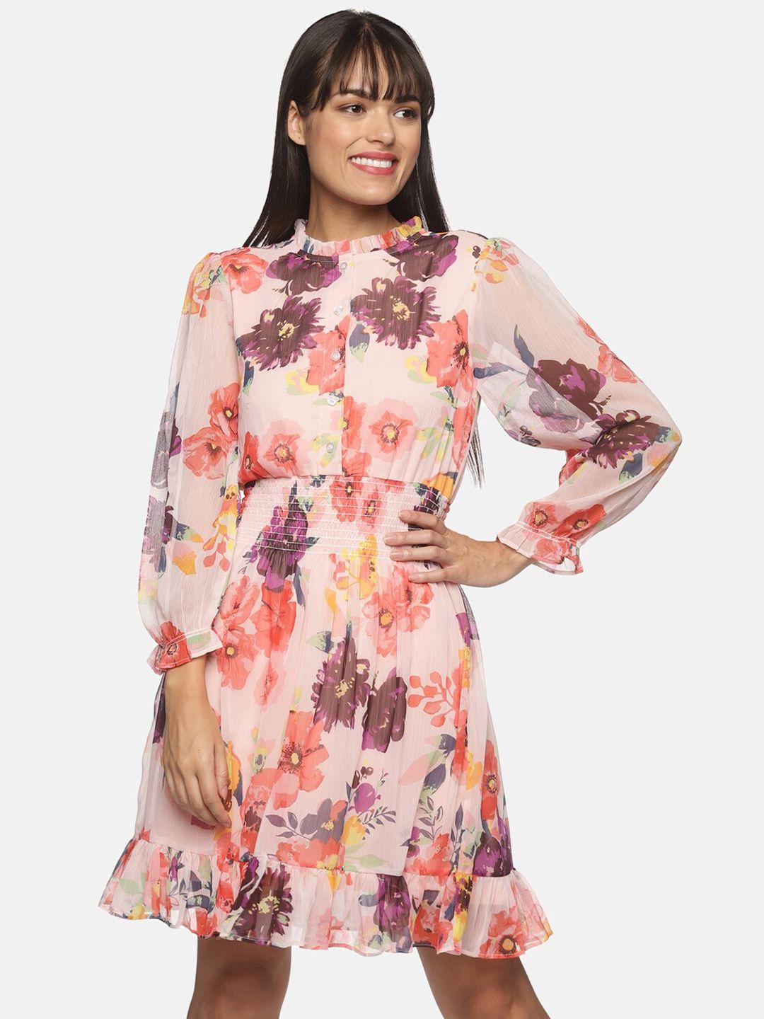 here&now pink & brown floral chiffon ethnic dress