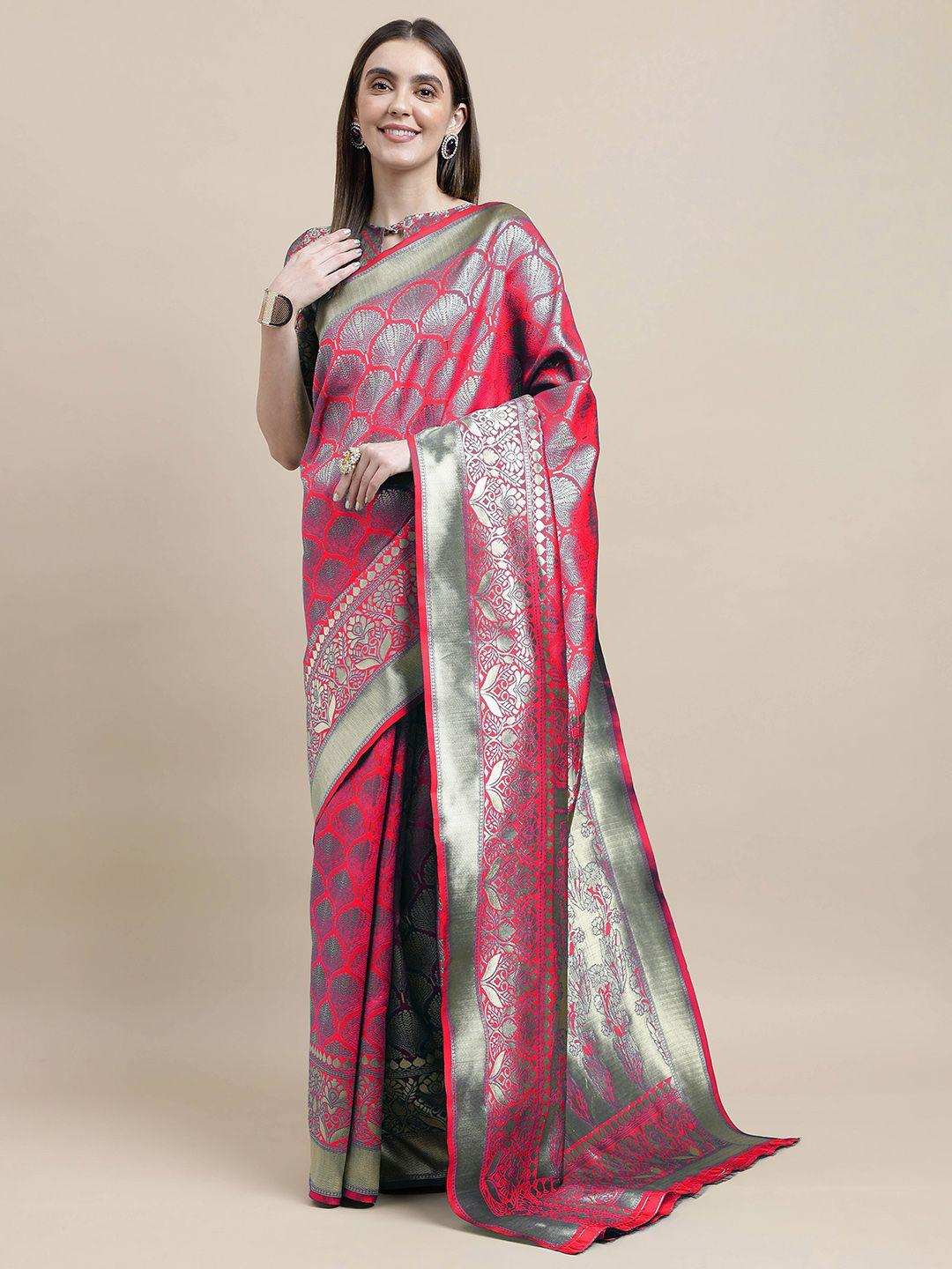 here&now pink & copper-toned woven design zari silk blend banarasi saree