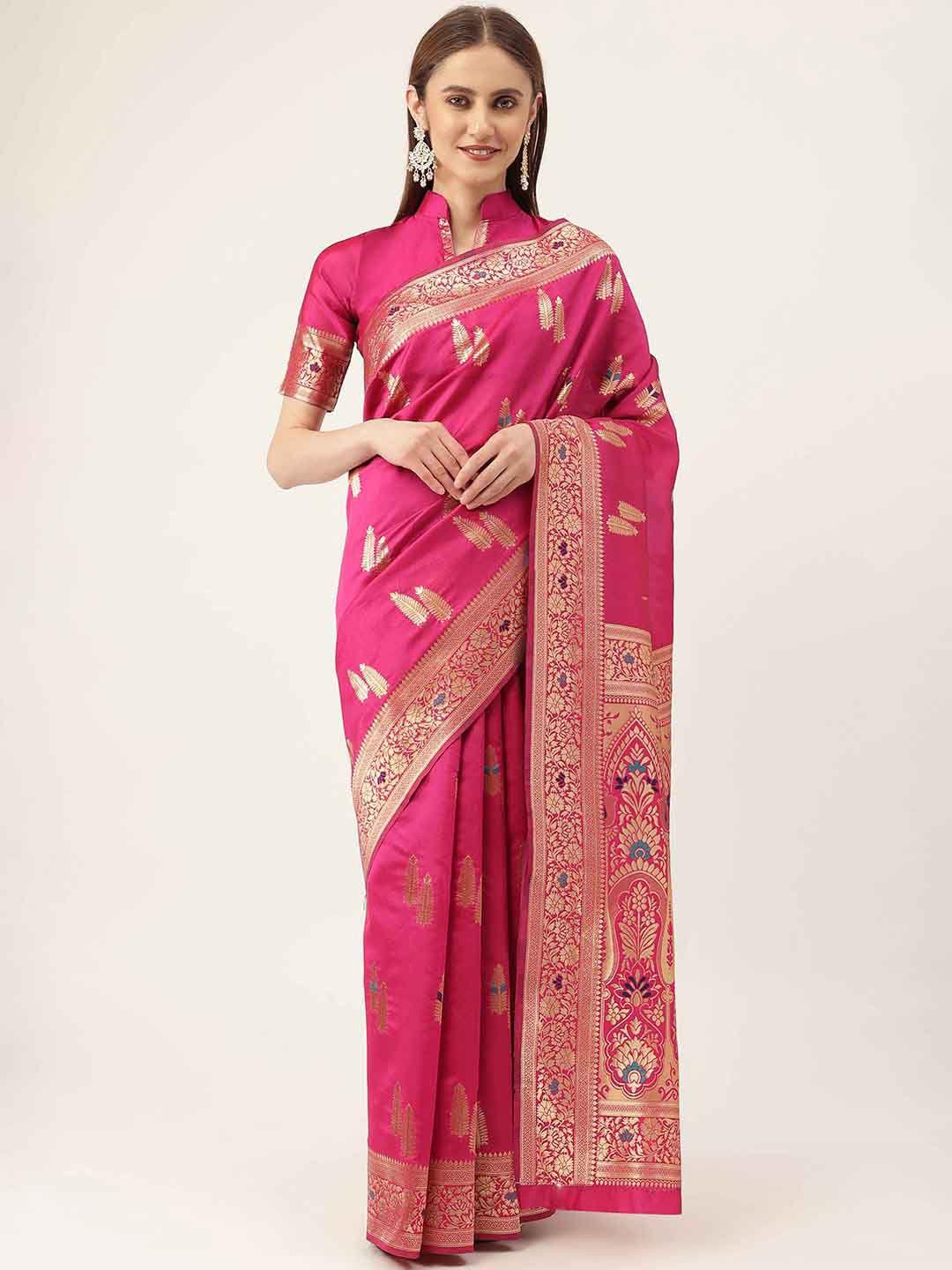 here&now pink & gold-toned ethnic woven design zari kanjeevaram saree
