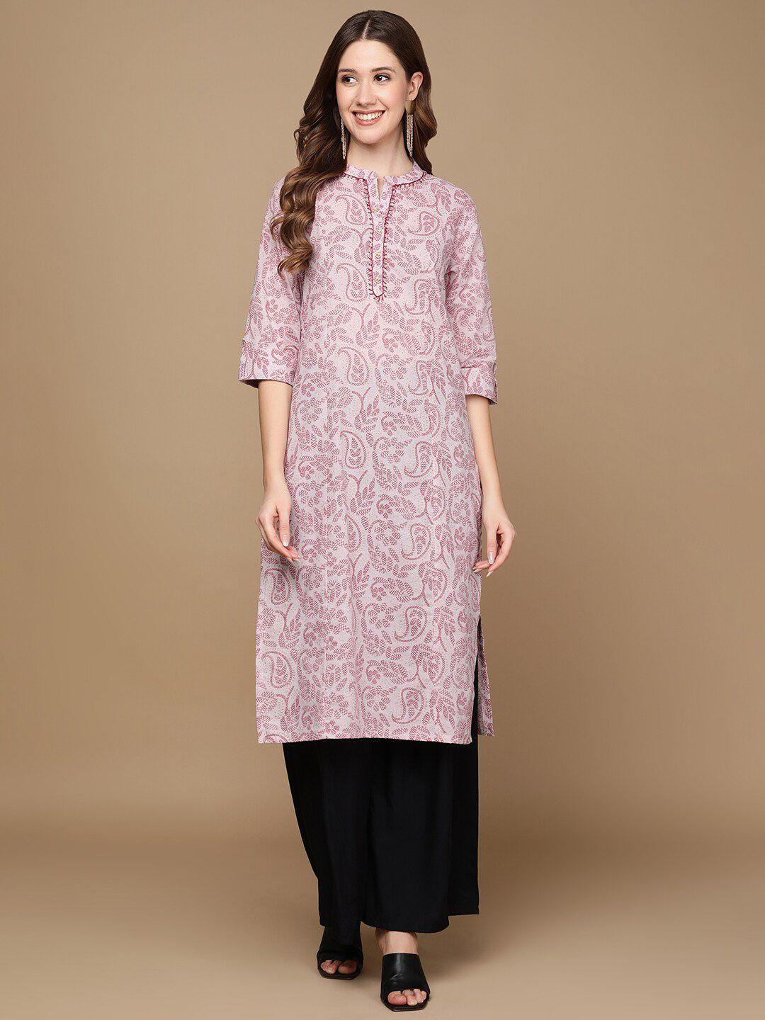 here&now pink & gold-toned floral printed sequined cotton kurta