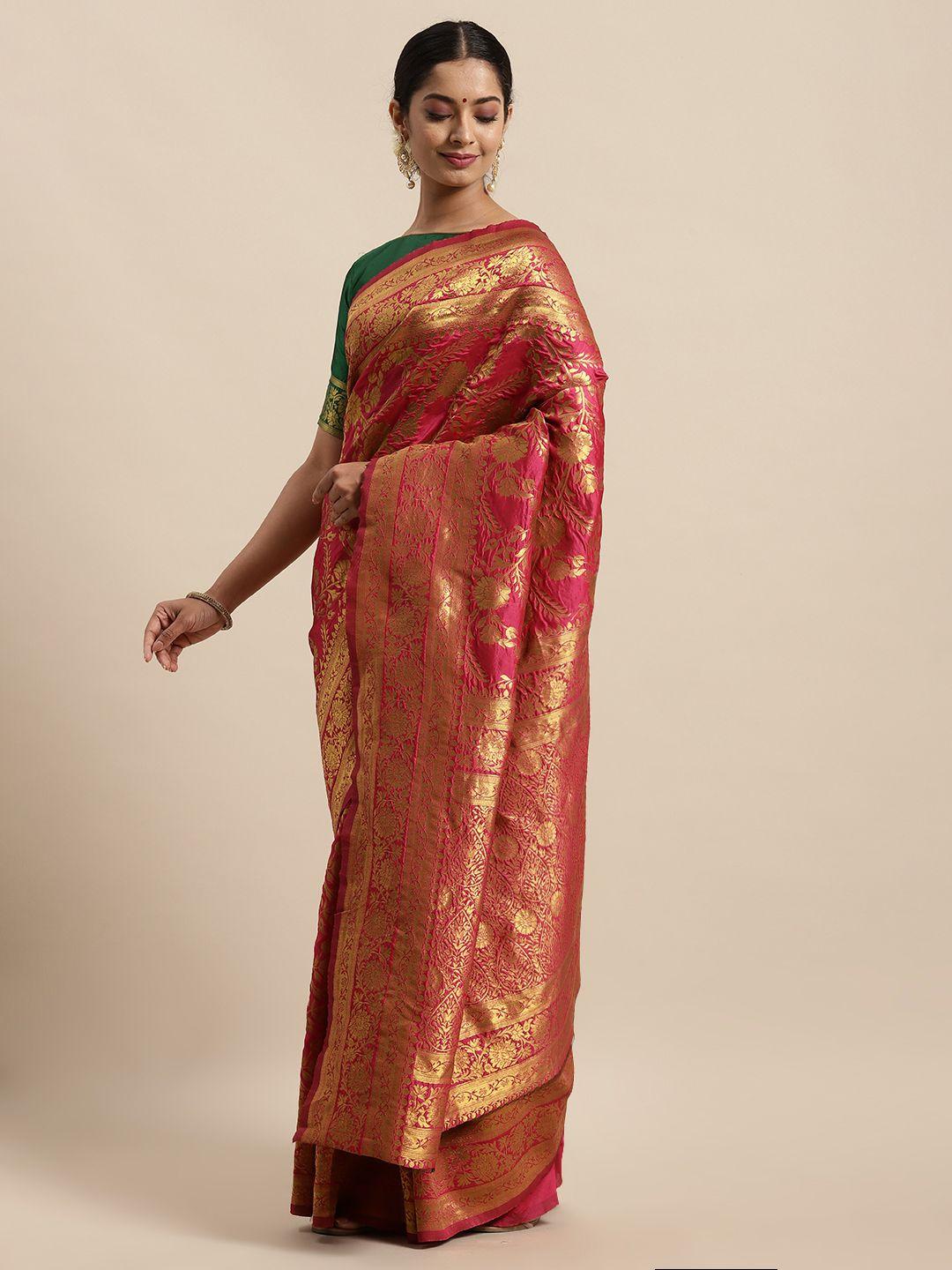 here&now pink & gold-toned floral woven zari silk blend banarasi saree