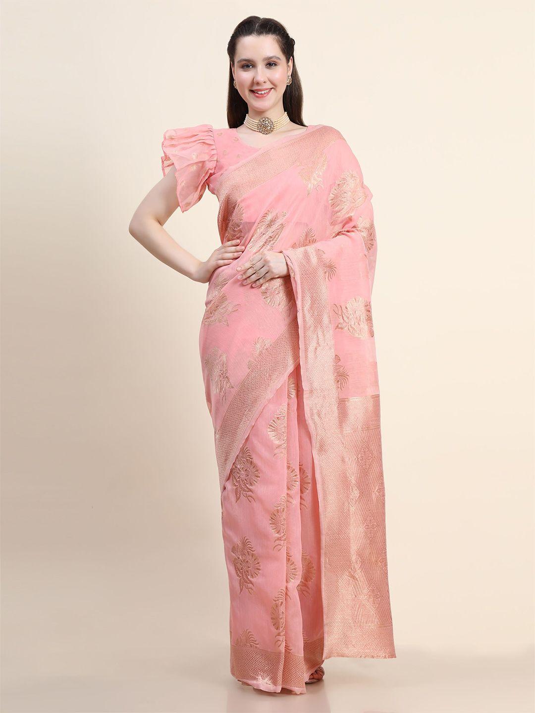 here&now pink & gold-toned floral zari silk blend saree