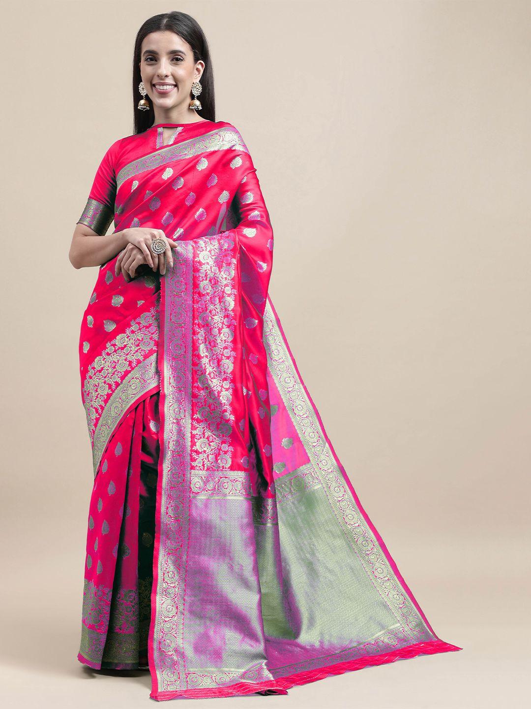 here&now pink & gold-toned woven design zari silk blend banarasi saree