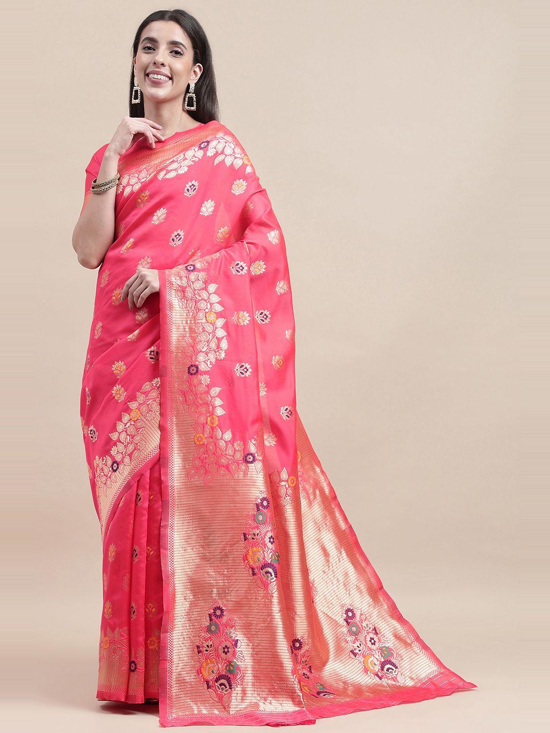 here&now pink & gold-toned woven design zari silk blend kanjeevaram saree