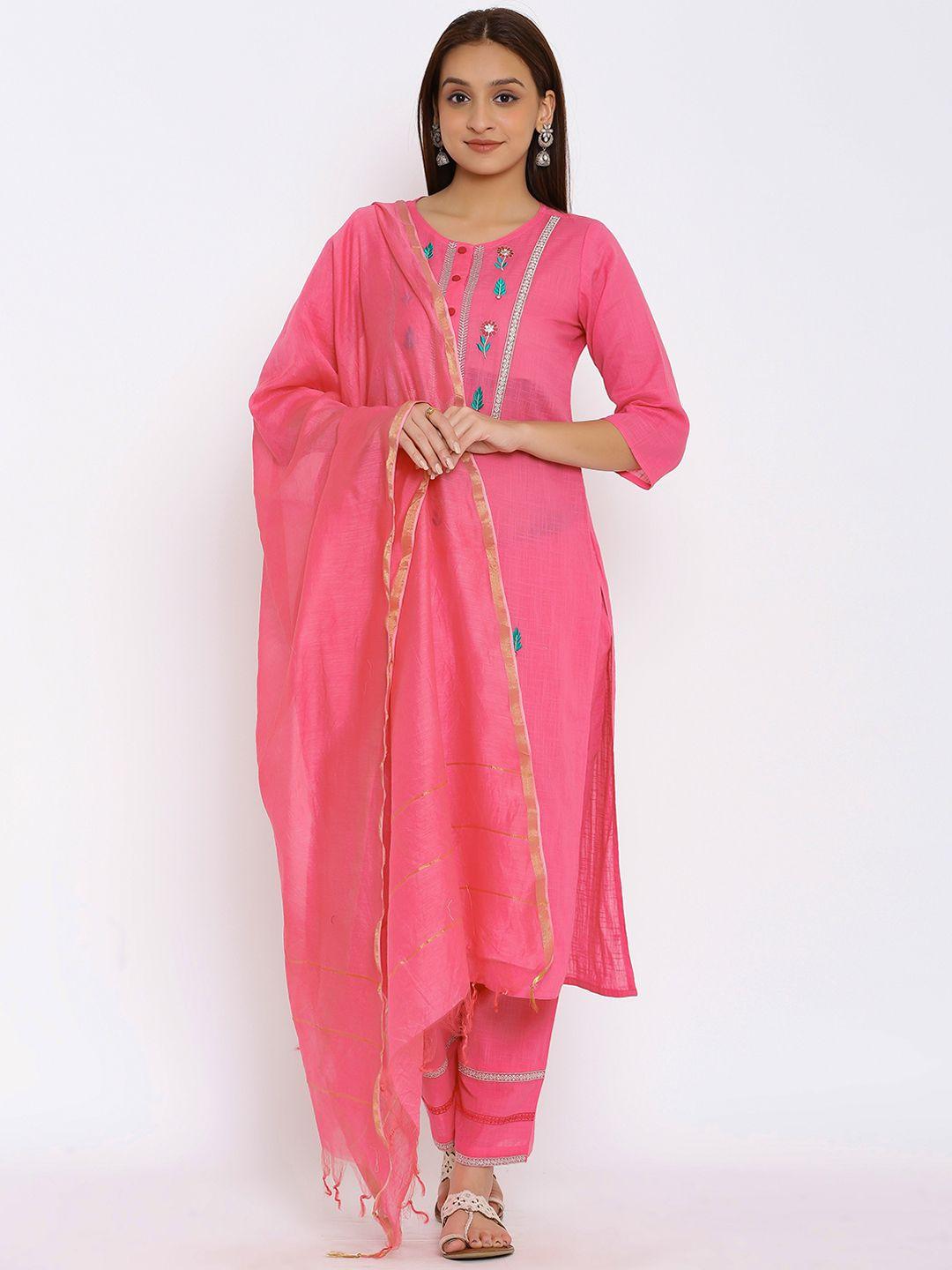 here&now pink & green floral embroidered zari work kurta with palazzos & dupatta