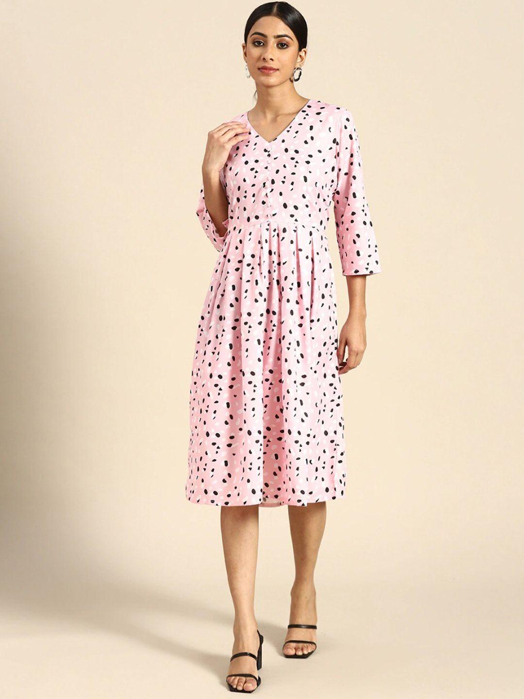 here&now pink & peach-coloured polka dot print crepe a-line midi dress