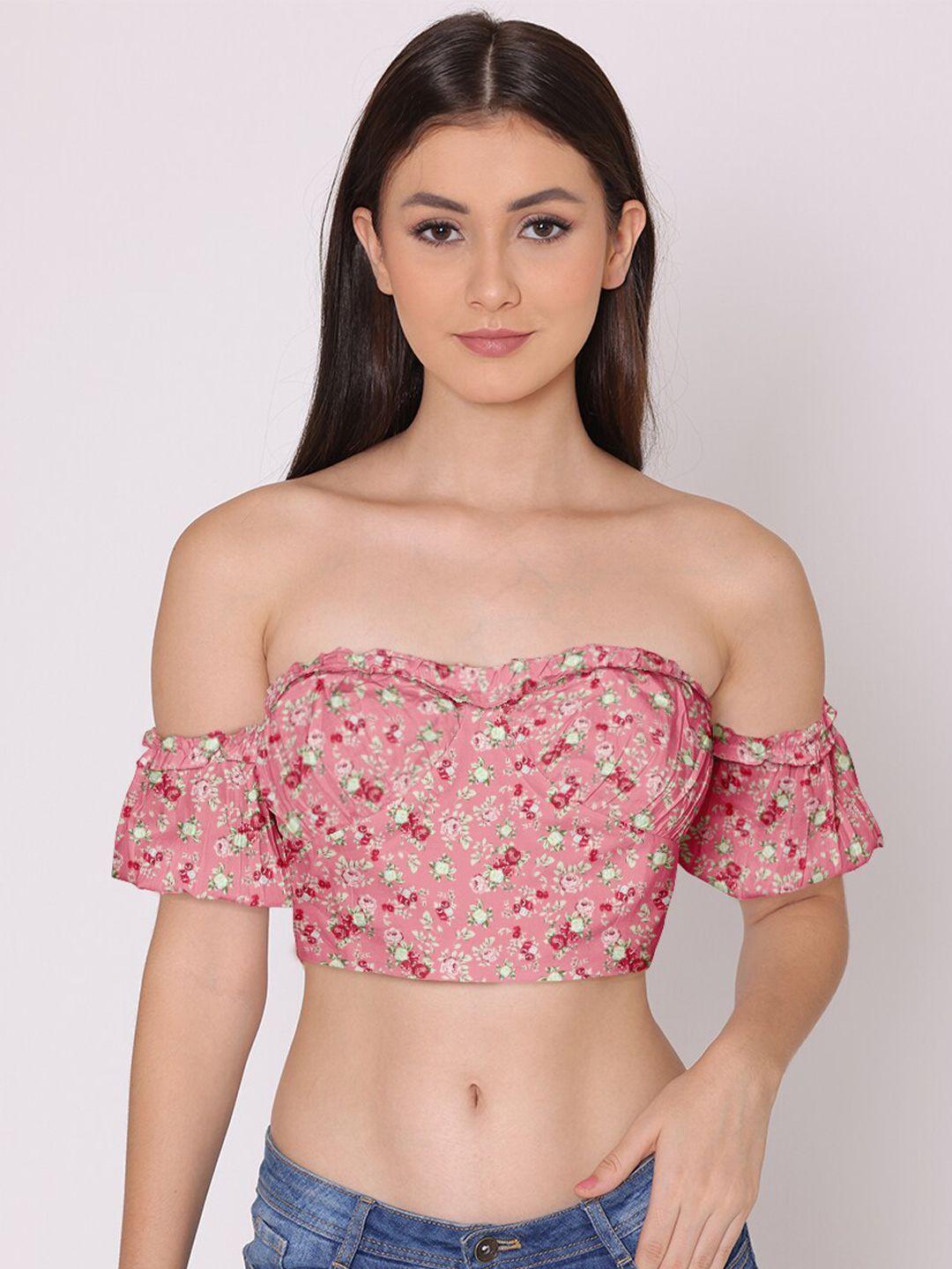 here&now pink & red floral print off-shoulder bardot crop top