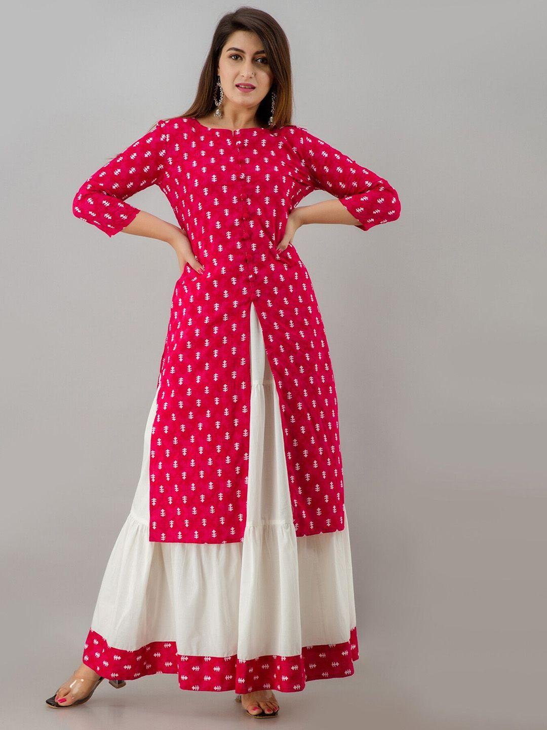 here&now pink & white boat neck ethnic motifs printed kurta with skirt