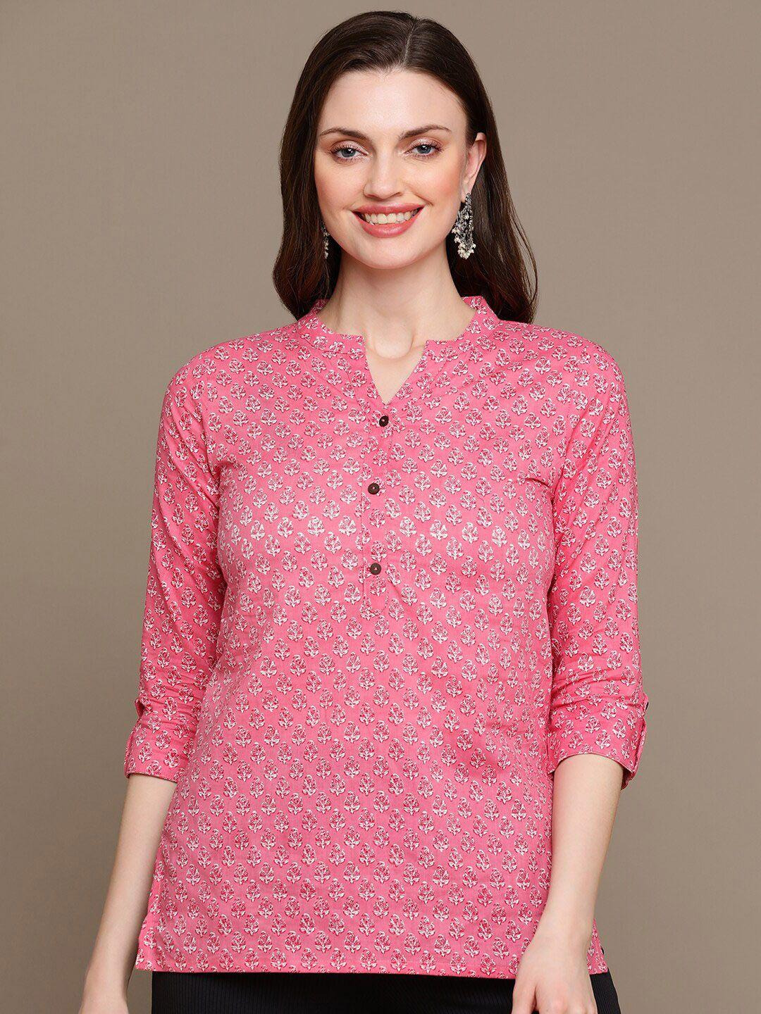 here&now pink & white ethnic motifs printed pure cotton kurti