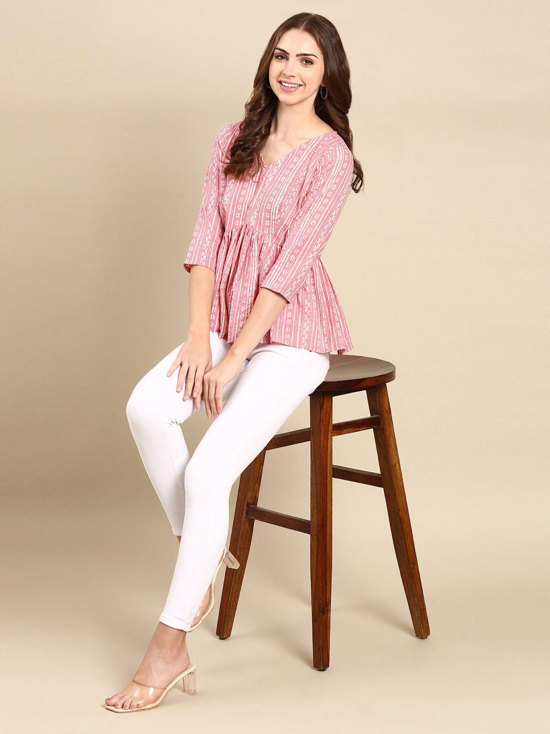 here&now pink & white floral printed v-neck empire top