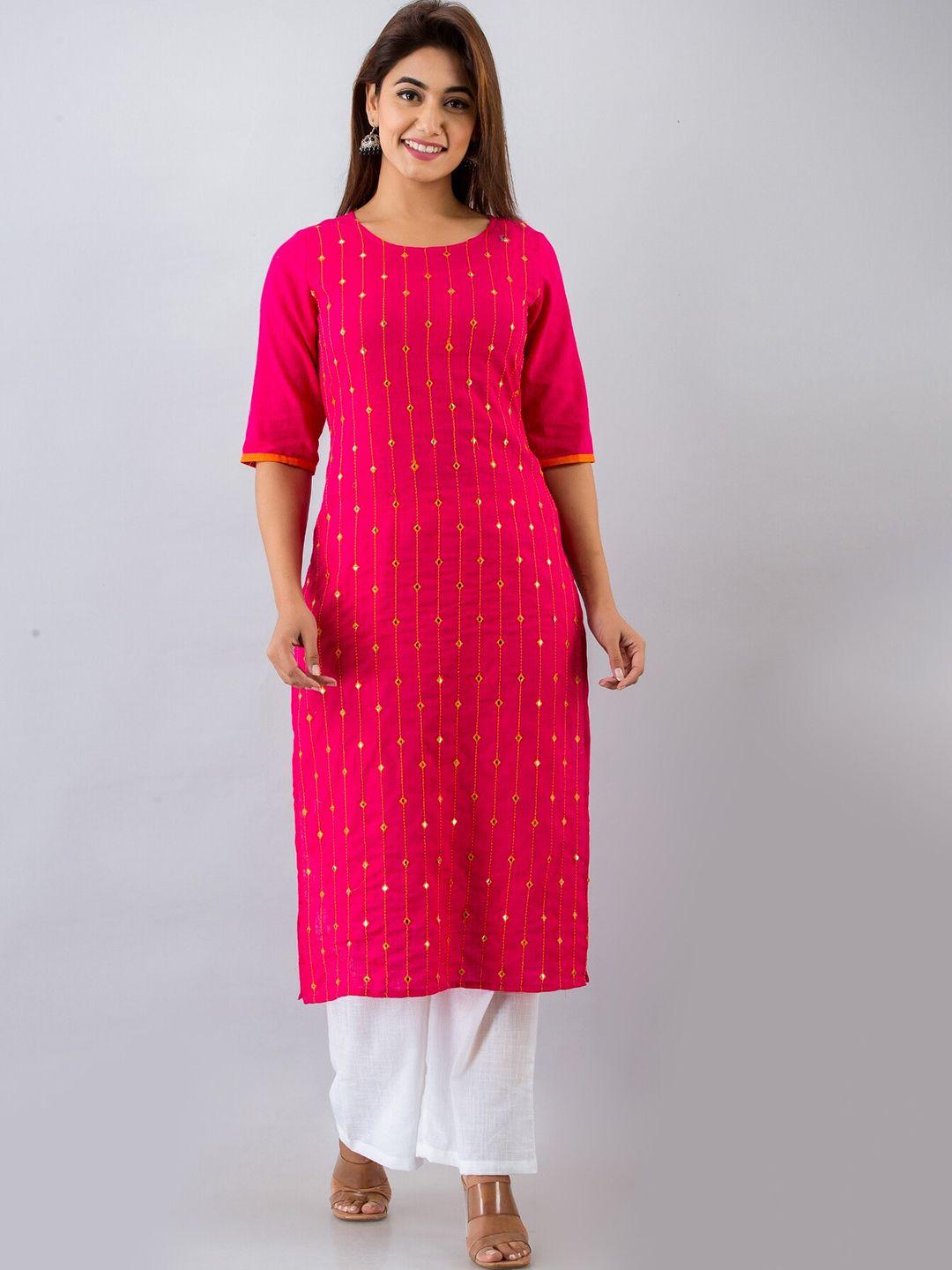 here&now pink & white geometric embroidered mirror work kurta with palazzos