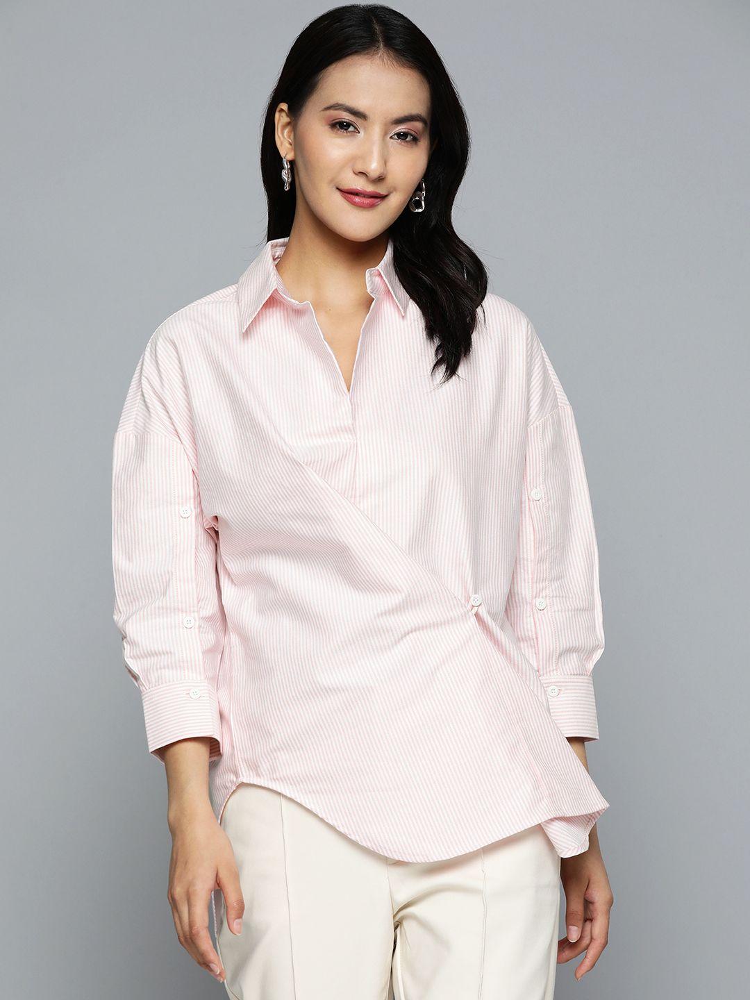 here&now pink & white striped pure cotton shirt style top