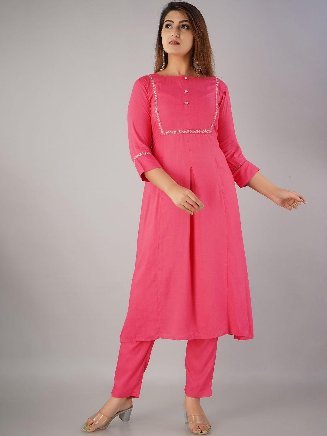 here&now pink ethnic motifs embroidered a-line kurta with trousers