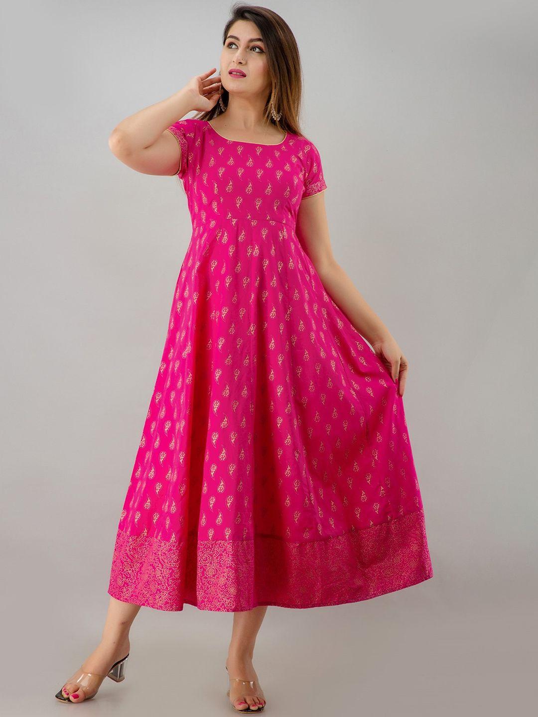 here&now pink ethnic motifs printed fit and flare midi ethnic dress