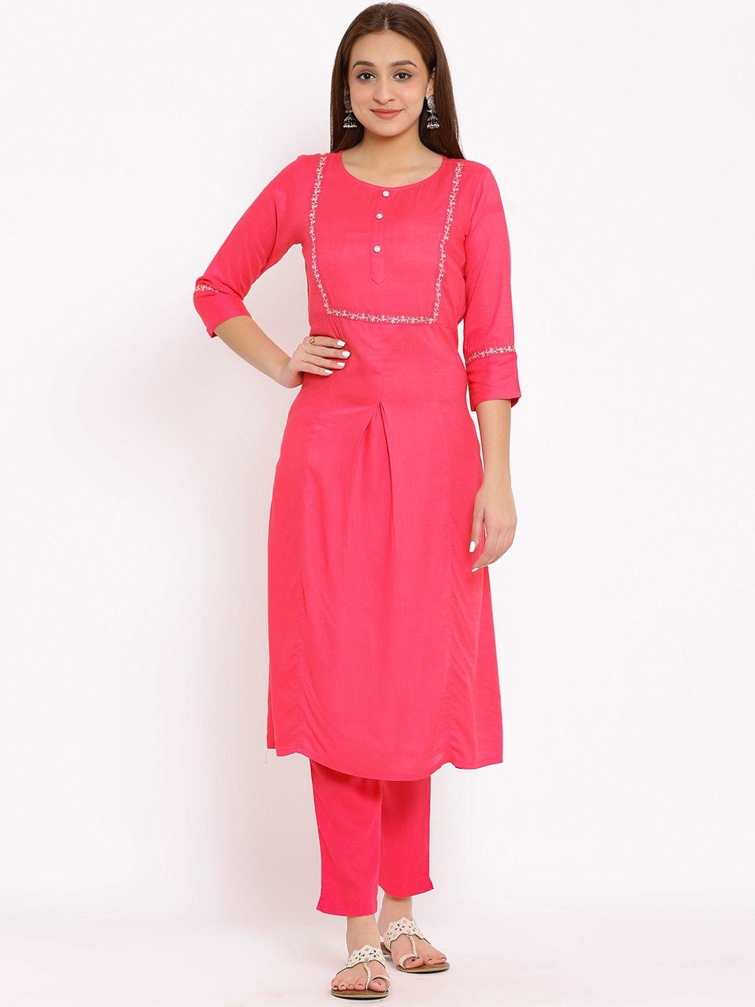 here&now pink floral embroidered regular thread work kurta with trousers