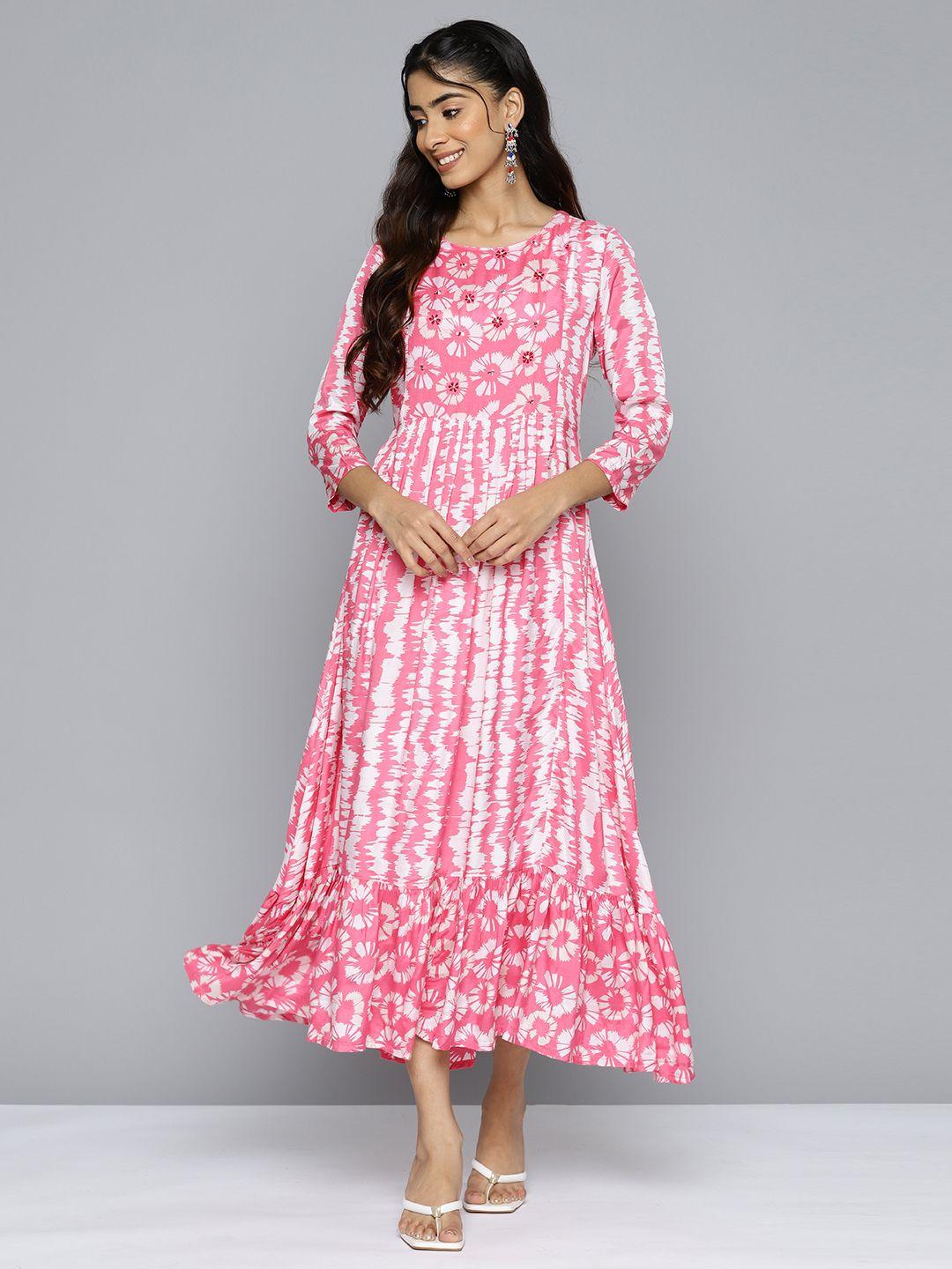 here&now pink floral print a-line midi dress