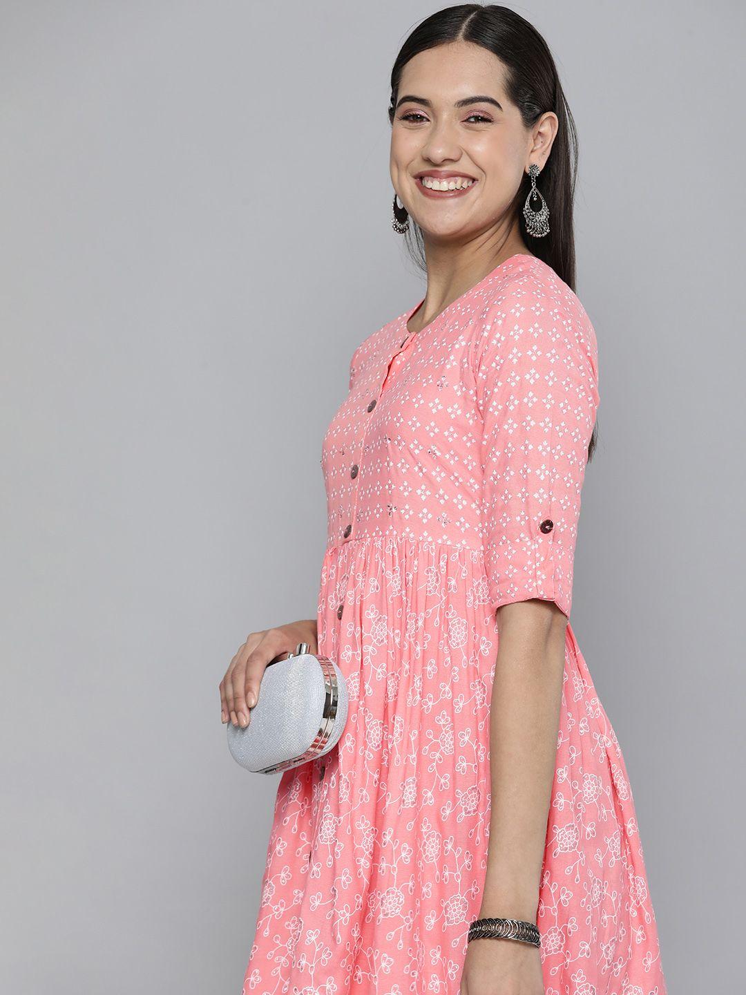 here&now pink floral printed a-line ethnic dress