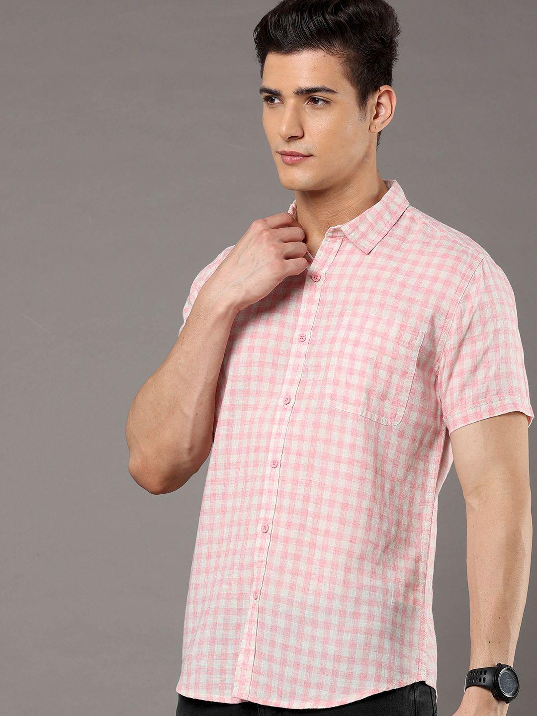 here&now pink half sleeve slim fit gingham checked casual shirt