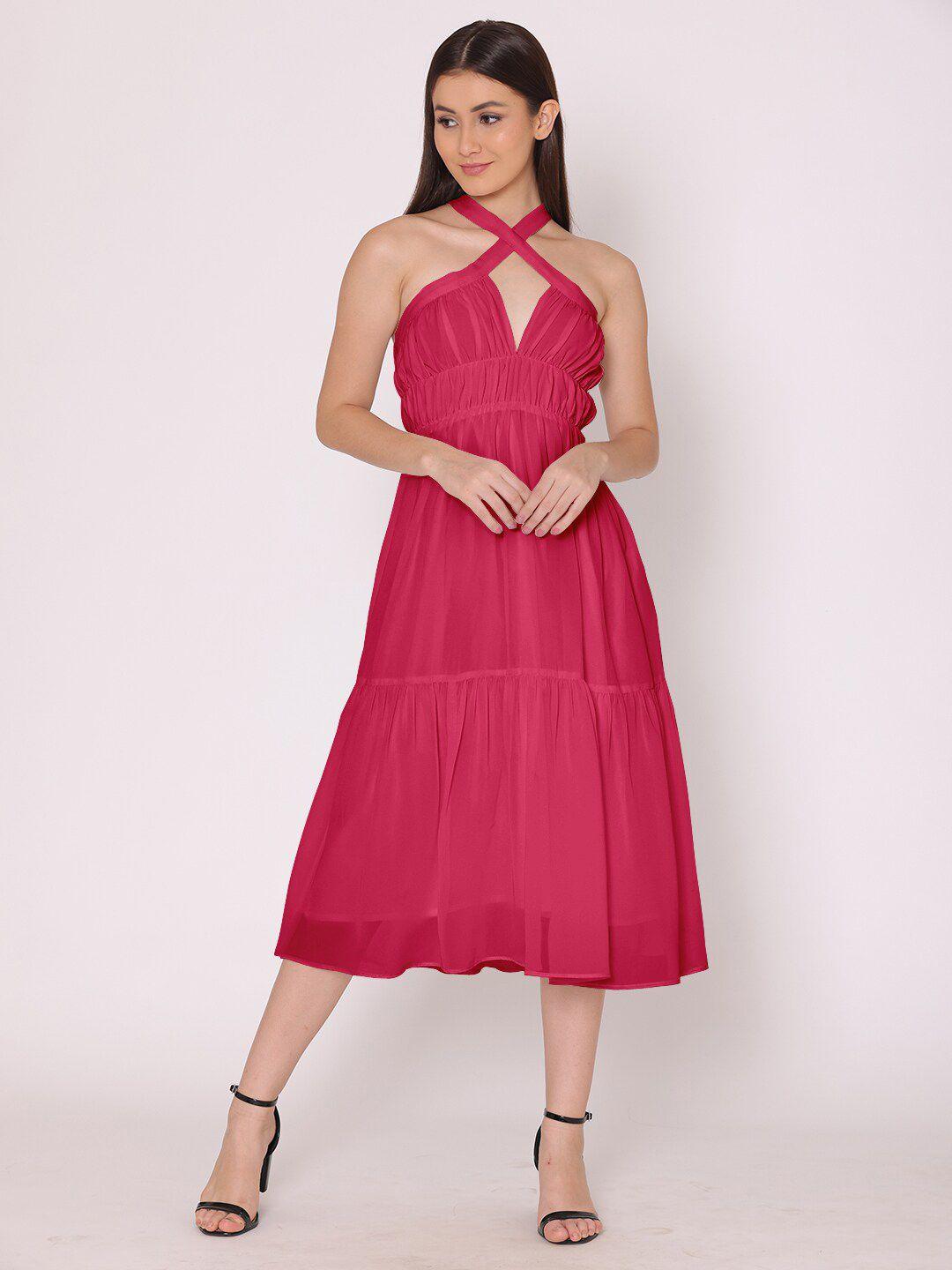 here&now pink halter neck georgette midi dress