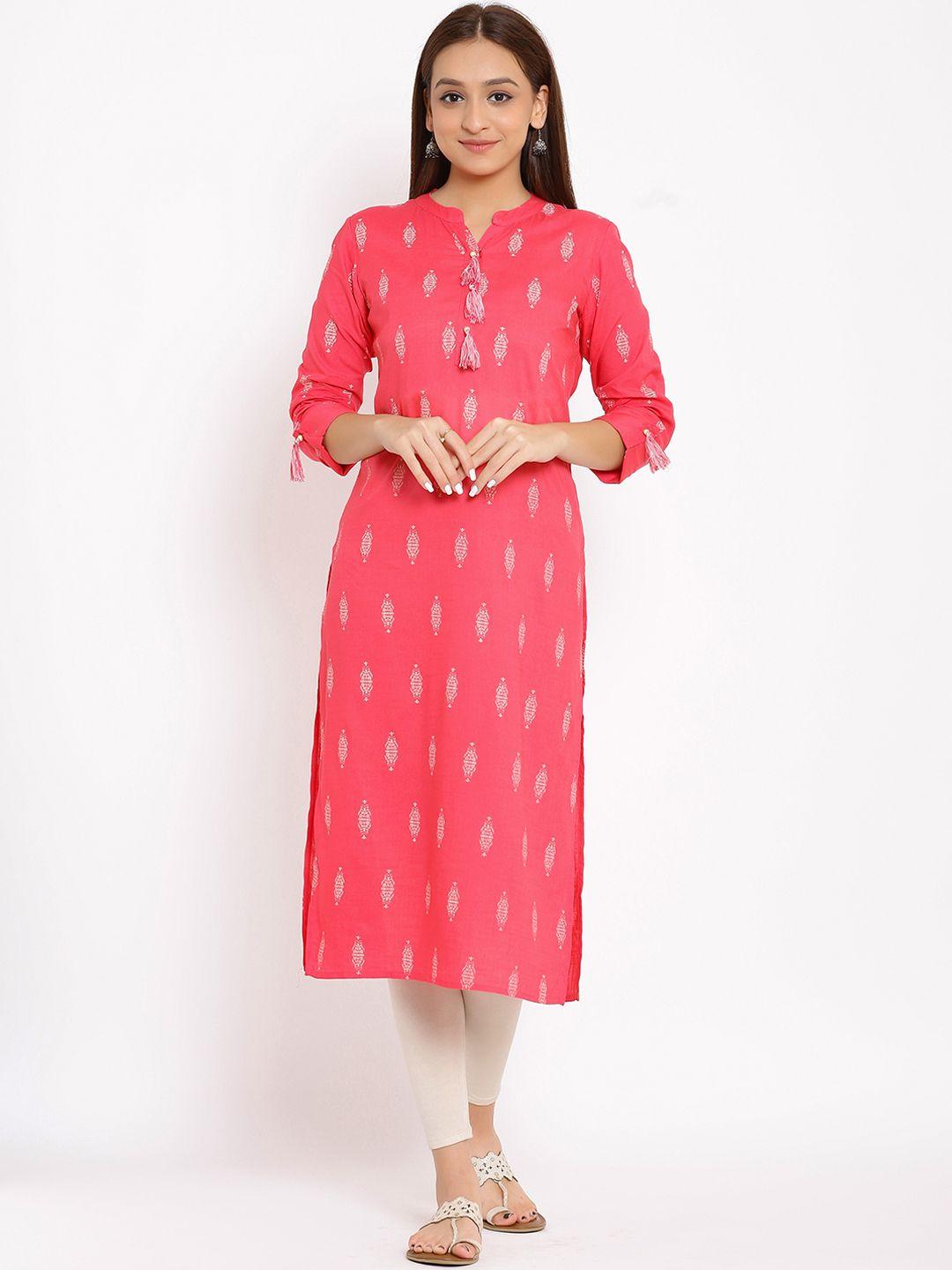 here&now pink mandarin collar ethnic motifs printed pure cotton kurta