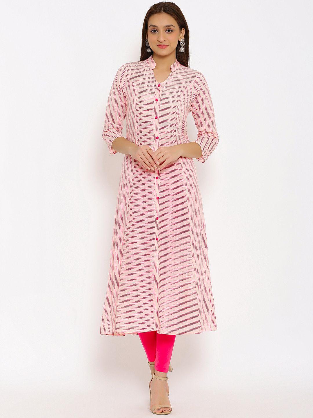 here&now pink mandarin collar striped a-line kurta