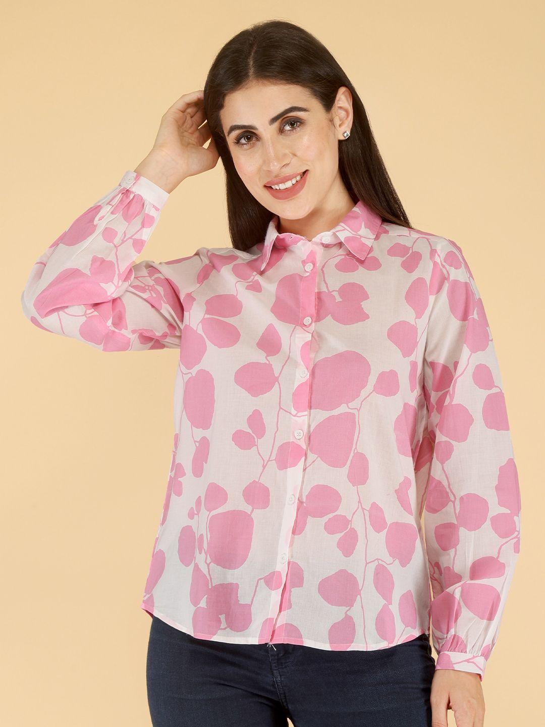 here&now pink standard regular fit floral printed spread collar cotton casual shirt