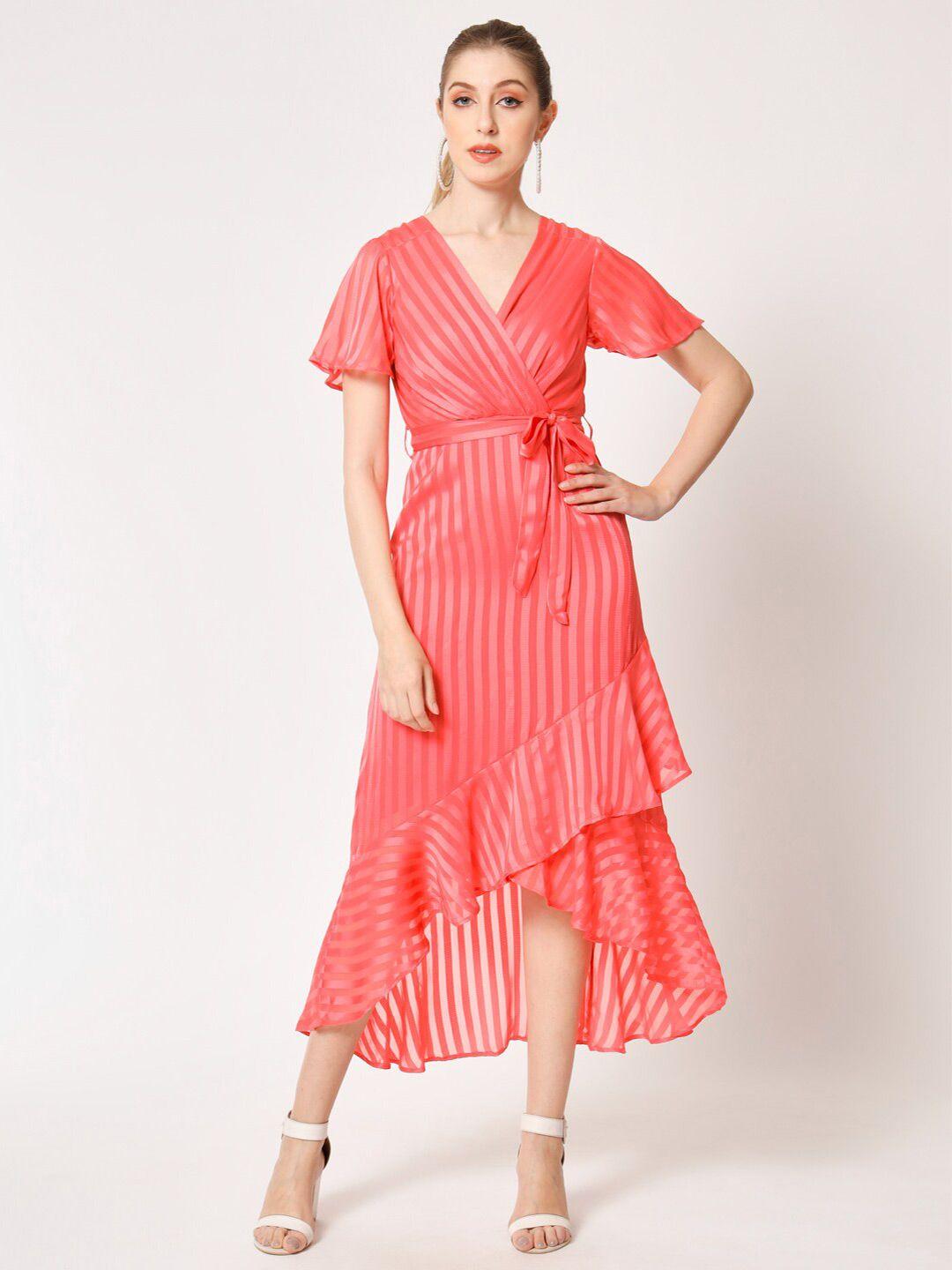 here&now pink striped flutter sleeves georgette fit & flare midi dress with belt
