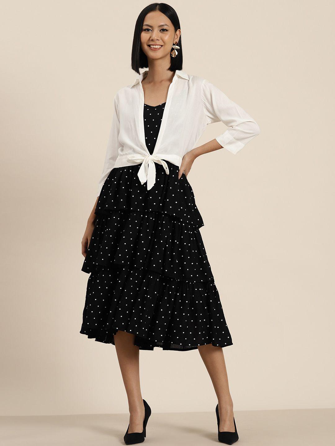 here&now polka dot print layered a-line midi dress with shirt