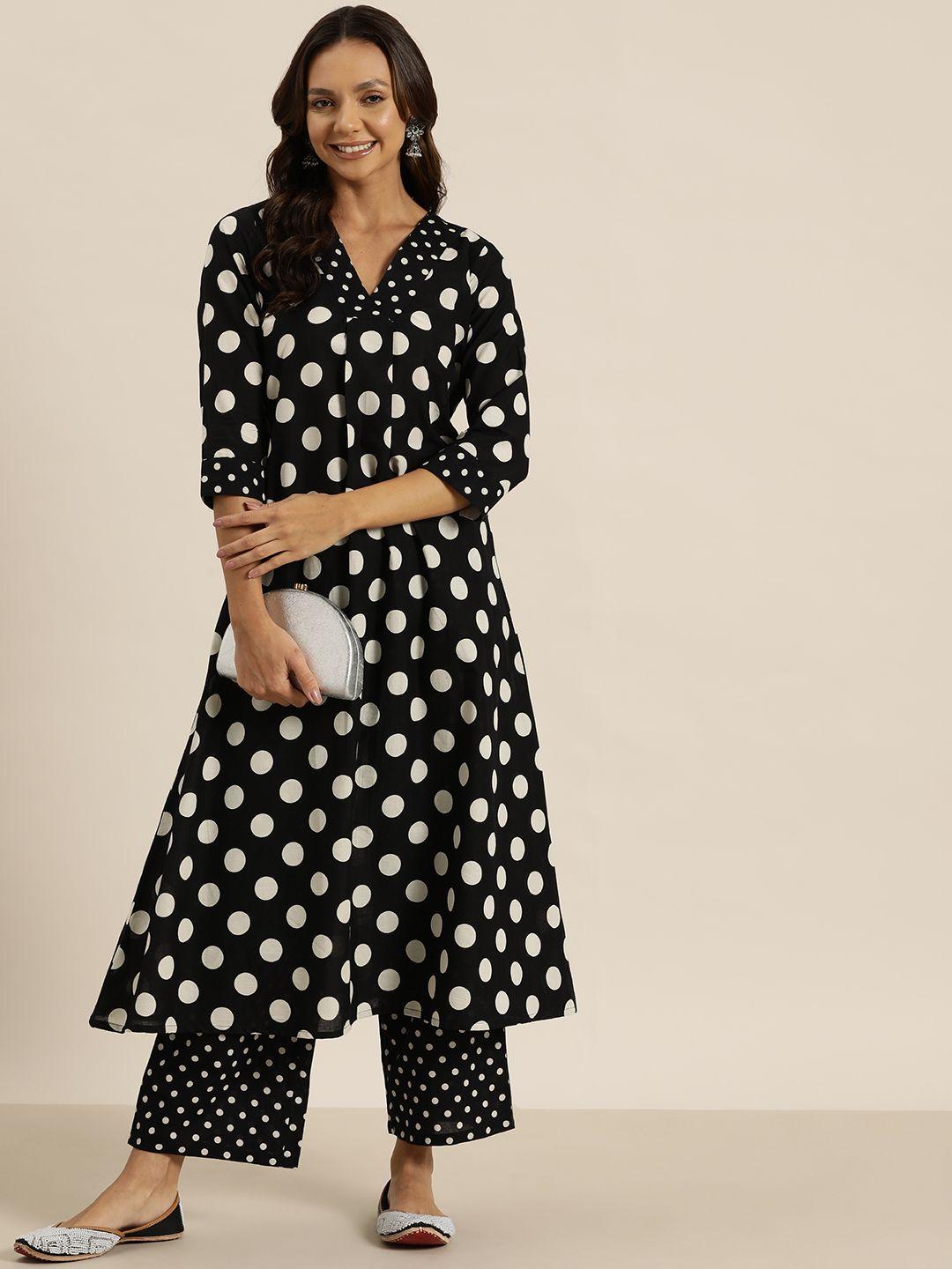 here&now polka dots print pure cotton kurta with palazzos