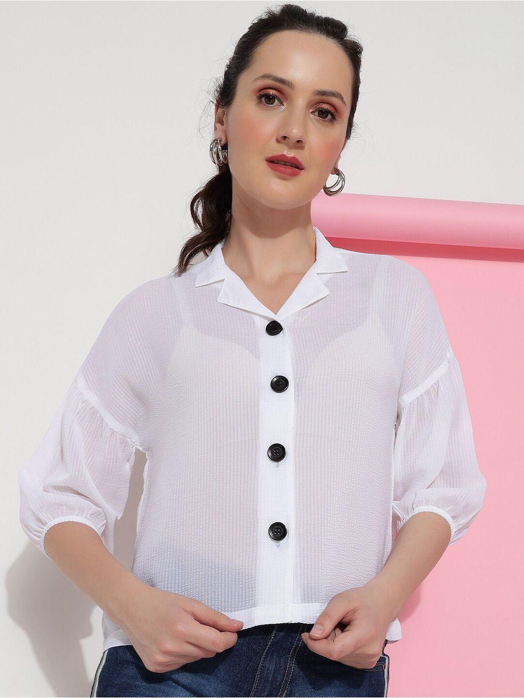 here&now premium fit vertical striped puff sleeves casual shirt