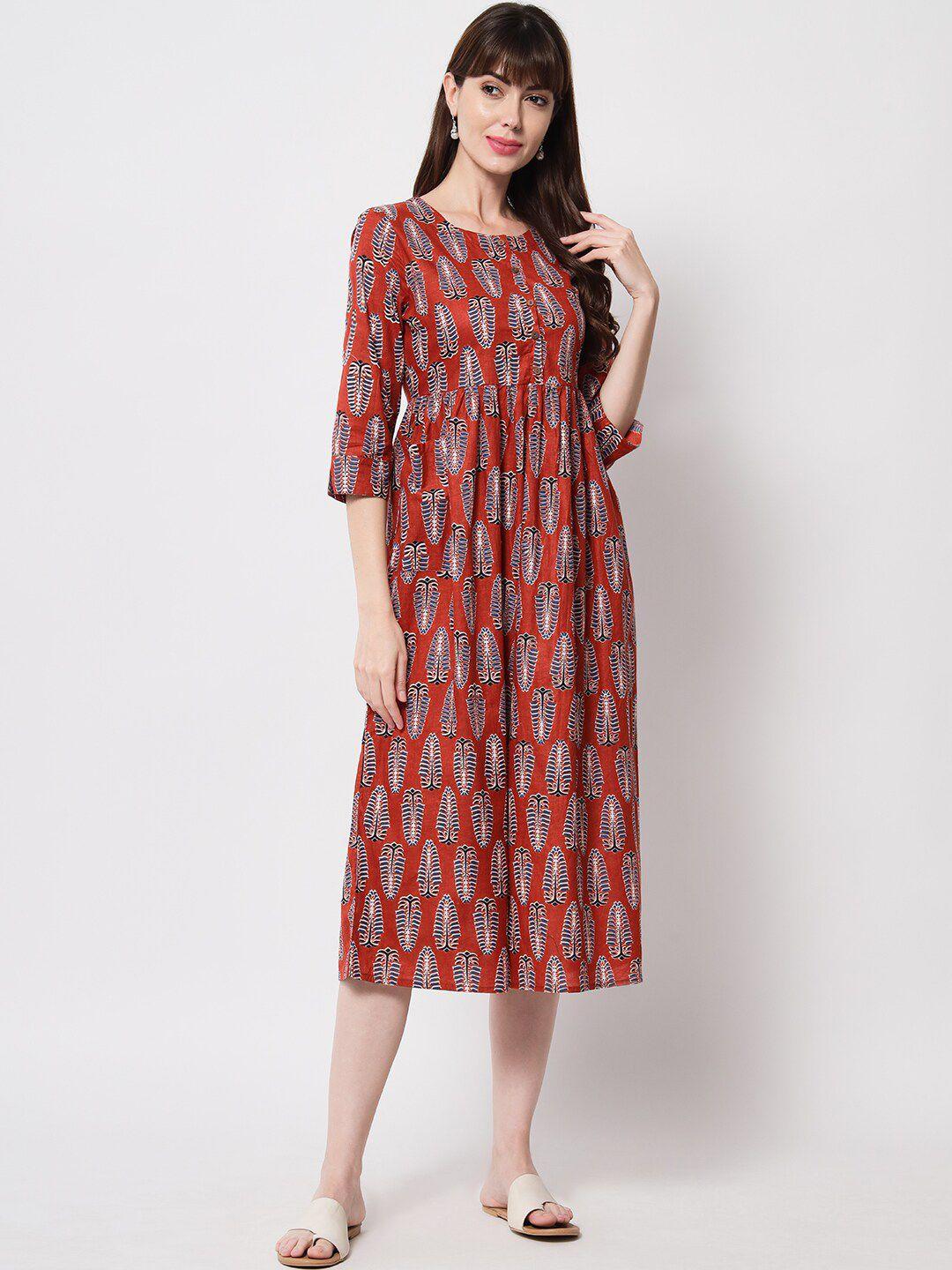 here&now printed cotton a-line midi ethnic dress