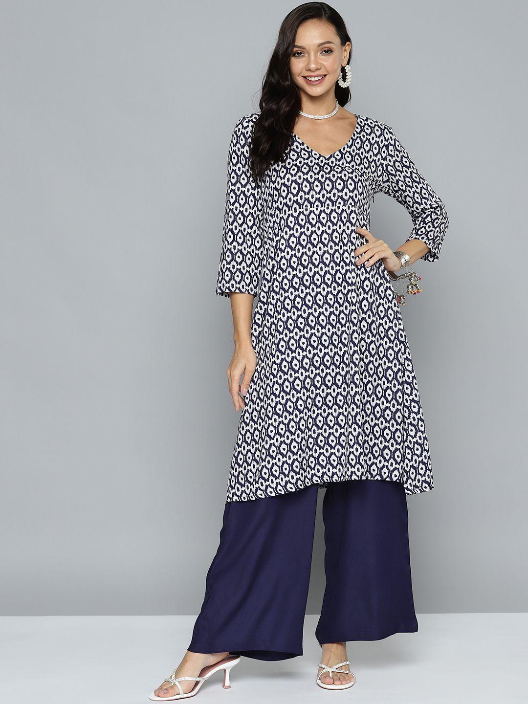 here&now printed lace-up detail a-line kurta with palazzos