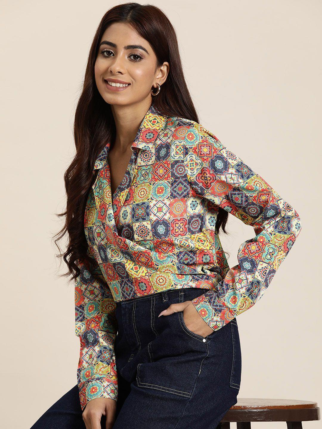 here&now printed shirt collar tie-up wrap top