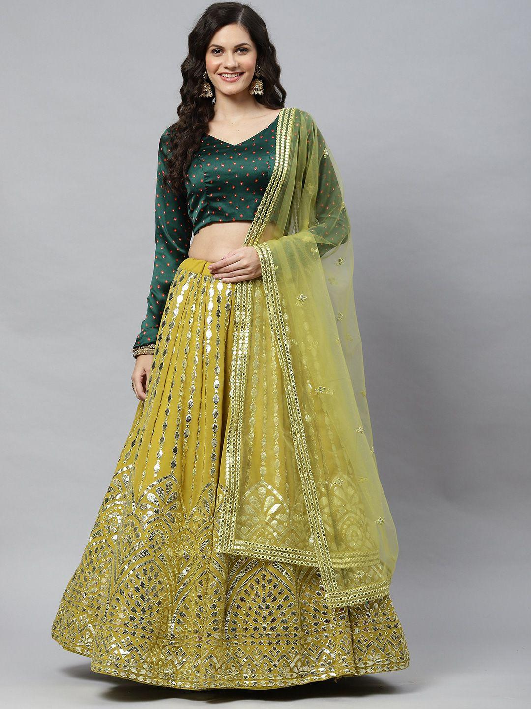 here&now printed thread work semi-stitched lehenga & unstitched blouse with dupatta