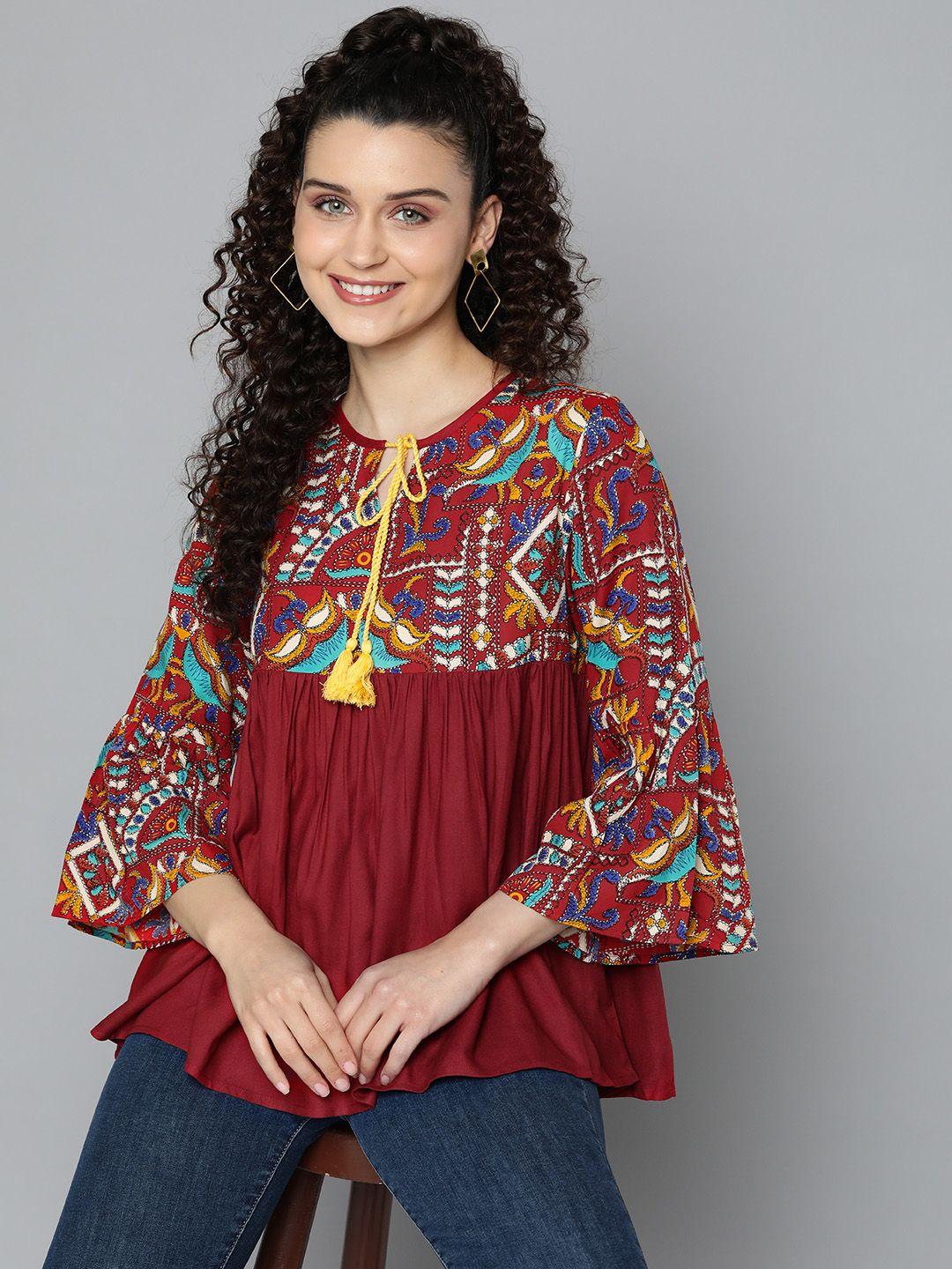 here&now printed tie-up neck empire top