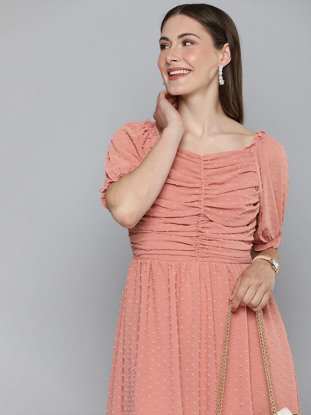 here&now puff sleeve dobby a-line dress with ruched detail
