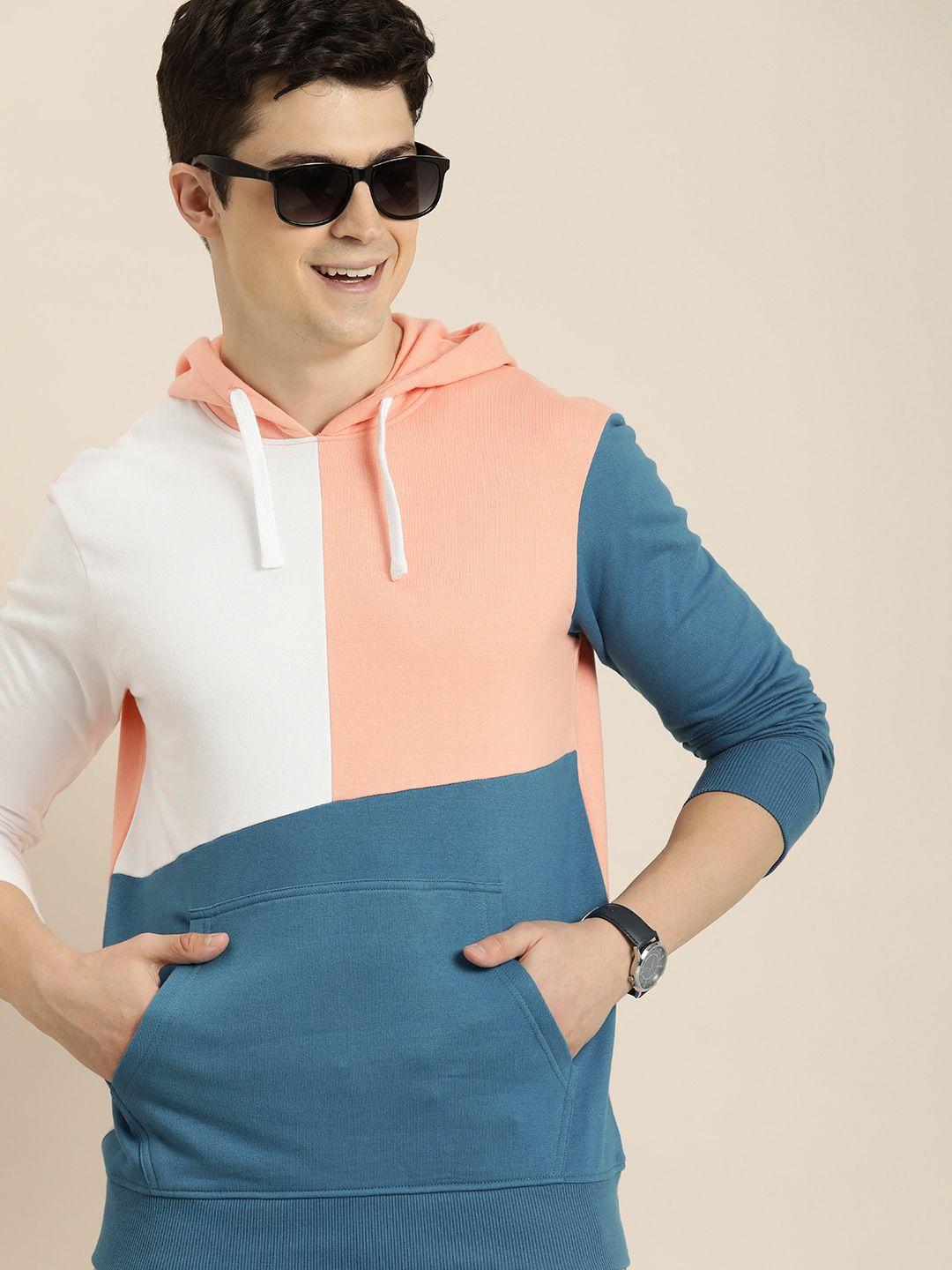 here&now pure cotton colourblocked hooded sweatshirt