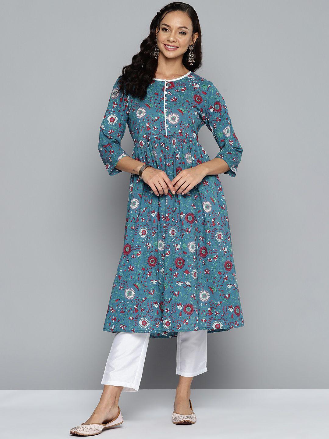 here&now pure cotton floral printed a-line kurta