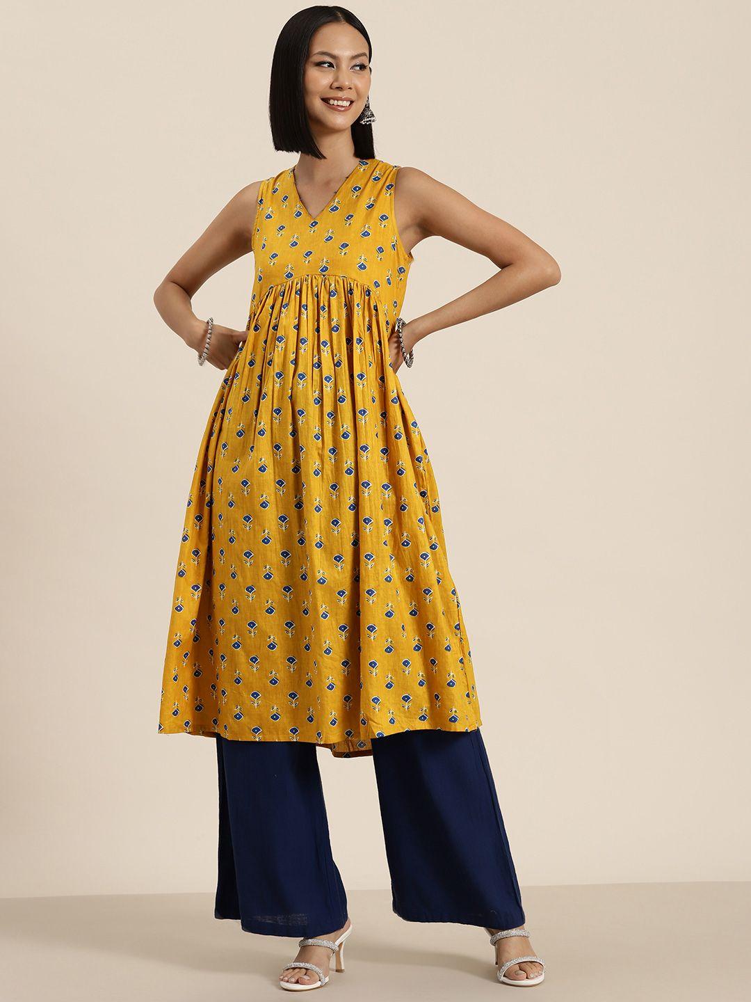 here&now pure cotton floral printed a-line pleated kurta