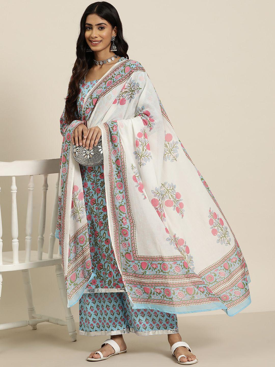 here&now pure cotton floral printed kurta with trousers & dupatta