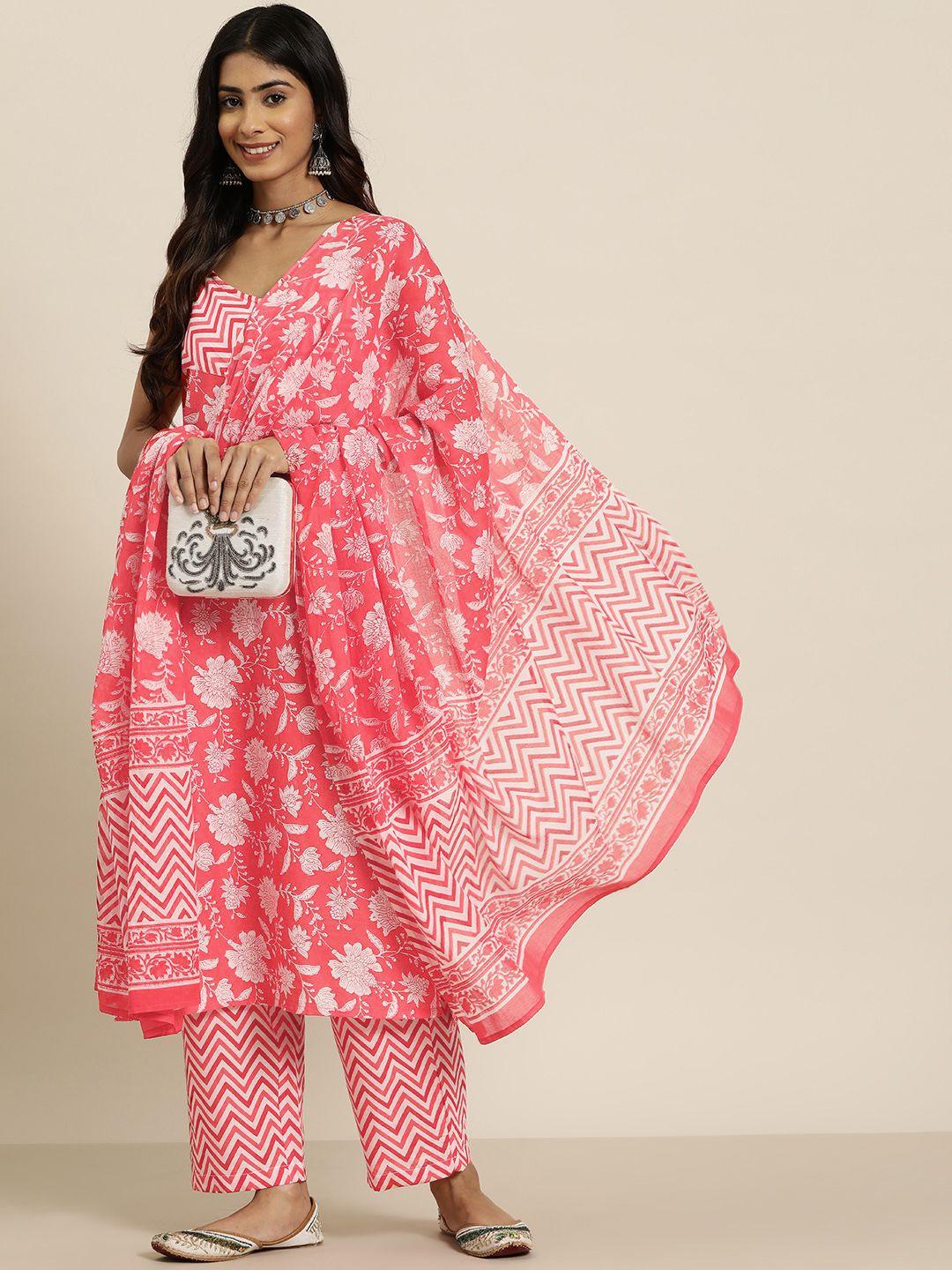 here&now pure cotton floral printed straight kurta with trousers & dupatta