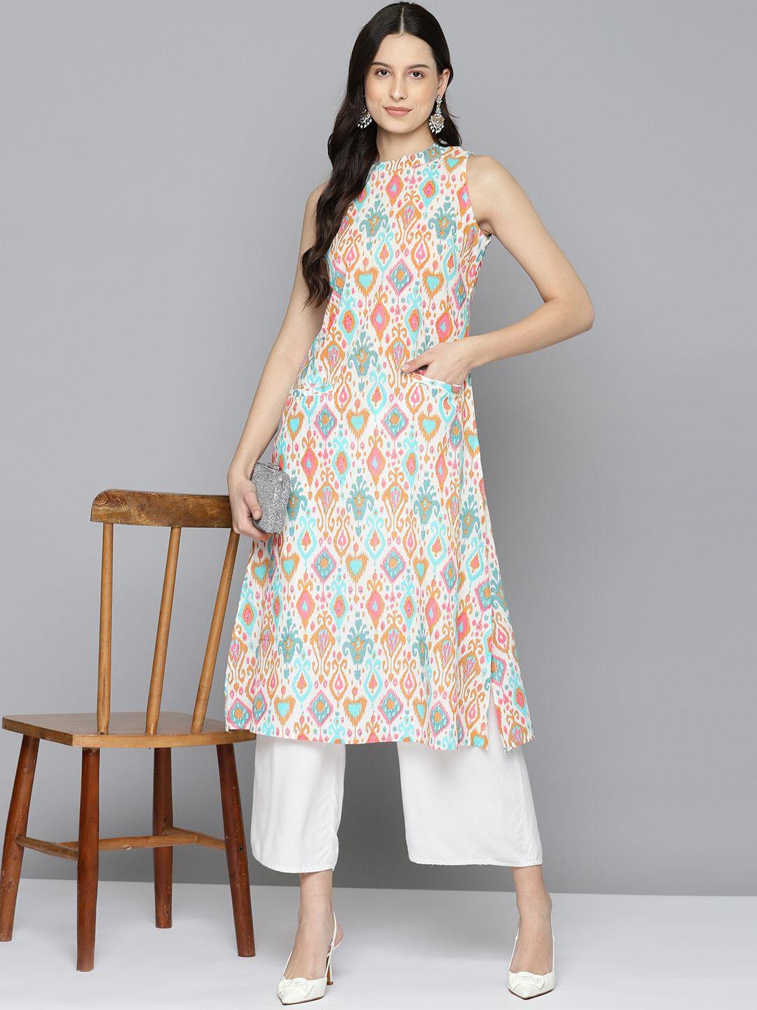 here&now pure cotton ikat ethnic printed a-line kurta