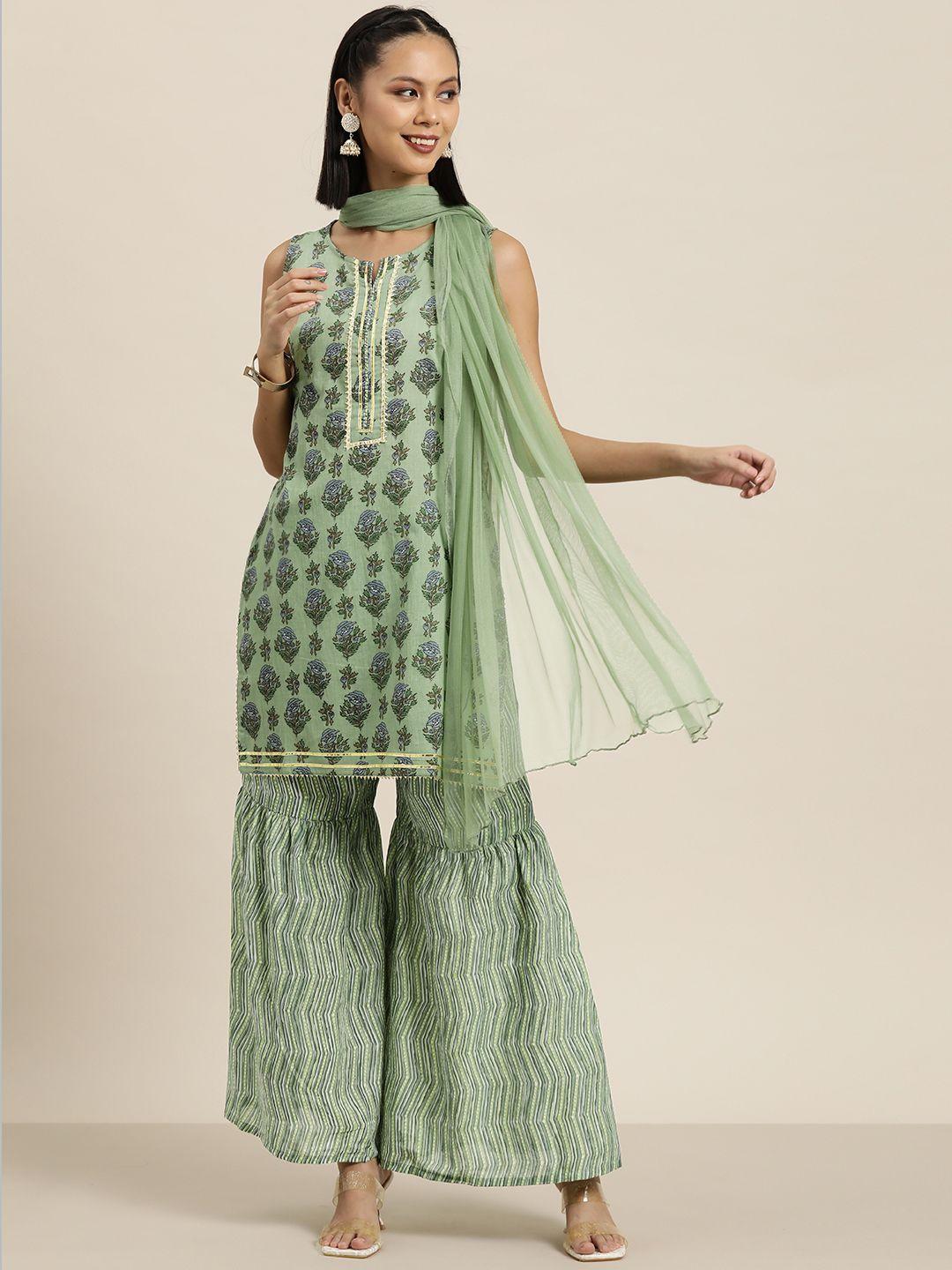 here&now pure cotton printed sleeveless kurta with sharara & dupatta