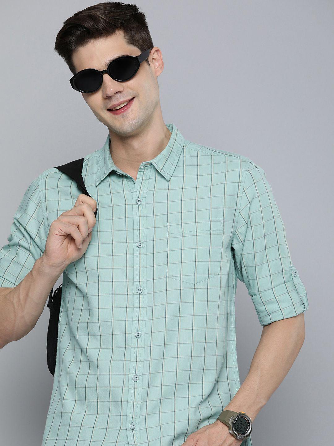 here&now pure cotton slim fit grid tattersall checked casual shirt